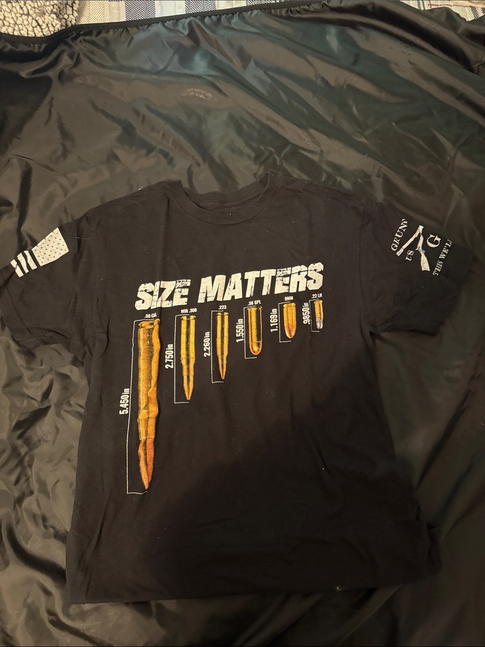 Grunt Style Black "Size Matters" Short Sleeve Tee with Gold Bullet Graphic